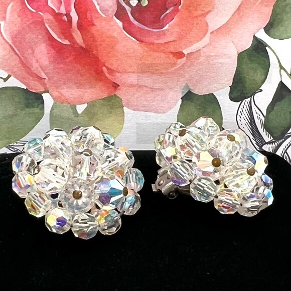 Aurora Borealis Crystal Cluster CLIP Earrings - Picture 3 of 5